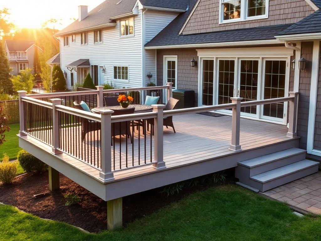 Newly built composite backyard deck with railings